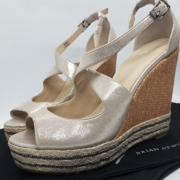 Brian Atwood size 8 Metallic Leather Platform Wedge Sandals with Rattan and Jute - Picture 5 of 9
